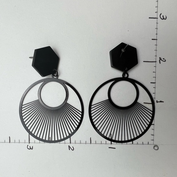 Black Art Deco Geometric Classic Dangle Earrings - Minimalist Statement Earrings - Picture 13 of 14